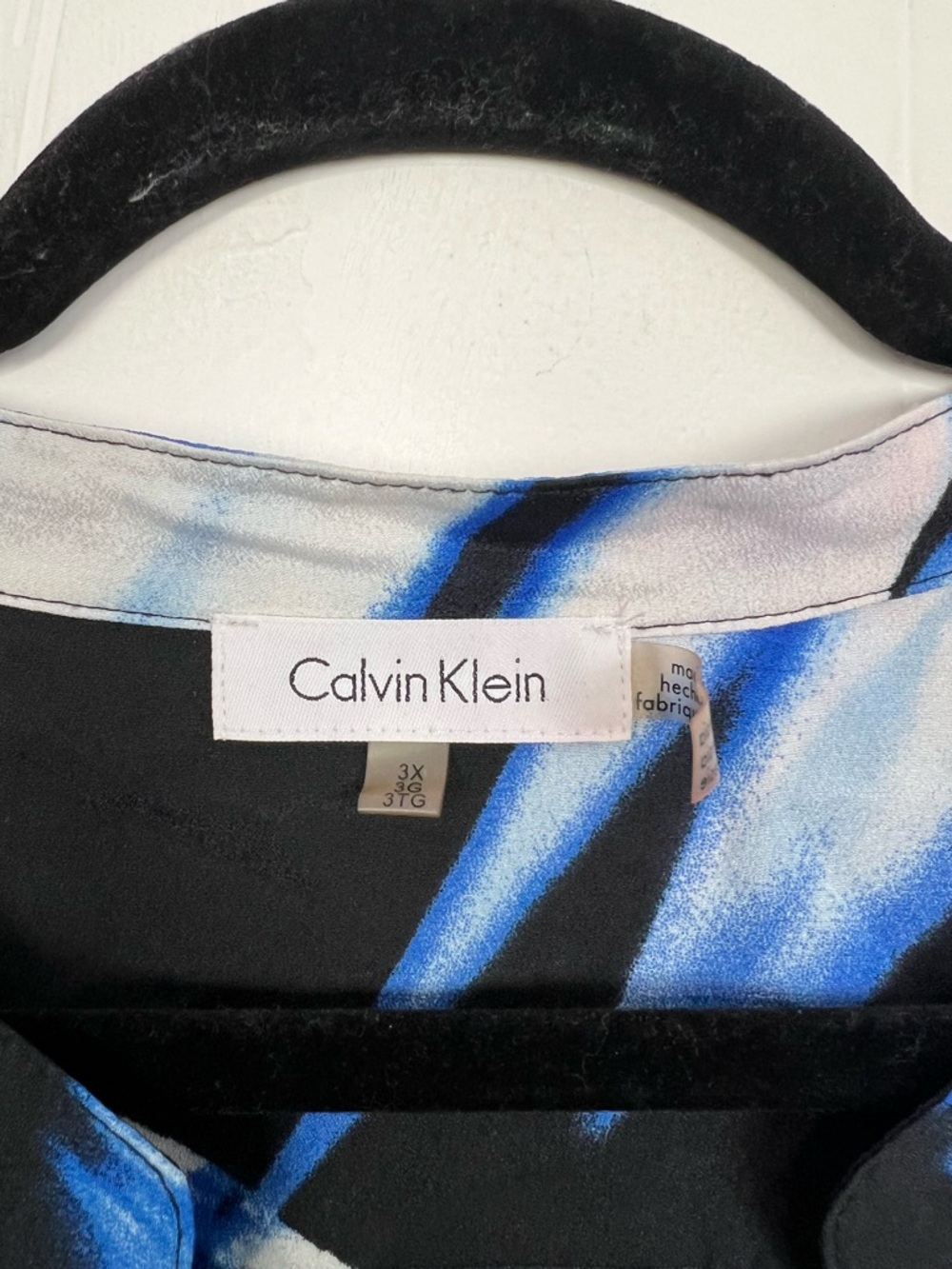Calvin Klein Button Down Shirt Blouse Roll Tab Sleeve Blue Back Print 3X - Picture 2 of 5